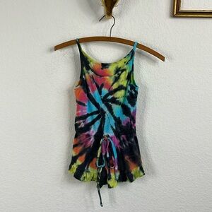 Zara Lucy Girls Tie Dye Rainbow Ruffle Scalloped Romper Playsuit Drawstring